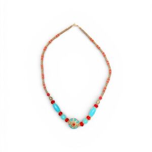 Vibrant Beaded Necklace with Turquoise and Red Accents